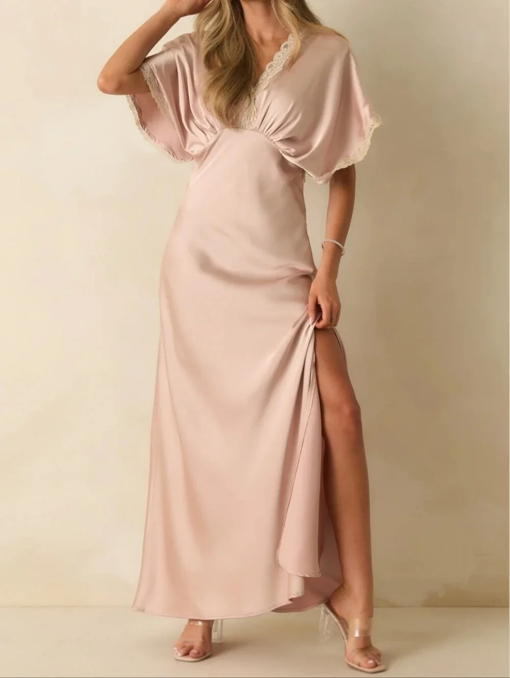 Pink Satin Lace Maxi Dress Small V-Neck Flowy Gown by Dress Forum Los Angeles - Picture 6 of 15